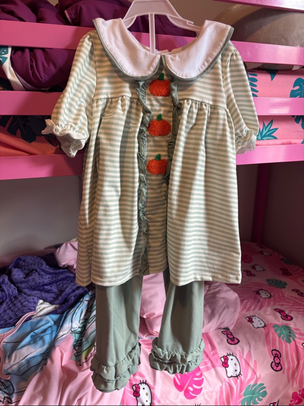 Girls' Sage Stripe Pumpkin Applique Matching Set